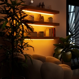 Wall shelf with warm LED lights