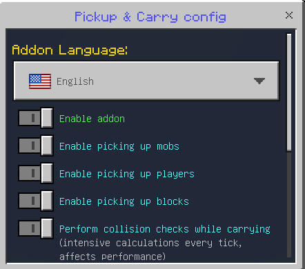 Меню настроек Pick up & Carry