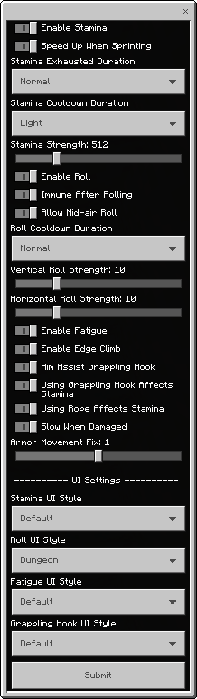 Настройки аддона Roll & Stamina