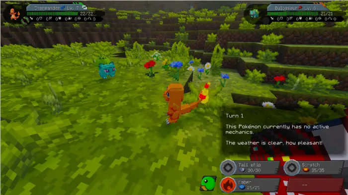 Сцена битвы Charmander против Bulbasaur в стиле Minecraft
