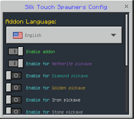 Меню настроек Silk Touch Spawners