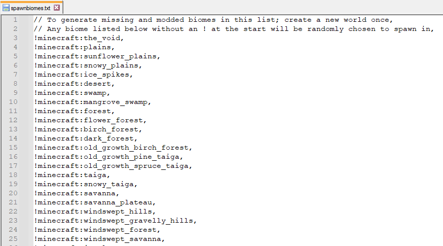 Пример конфигурации spawnbiomes.txt
