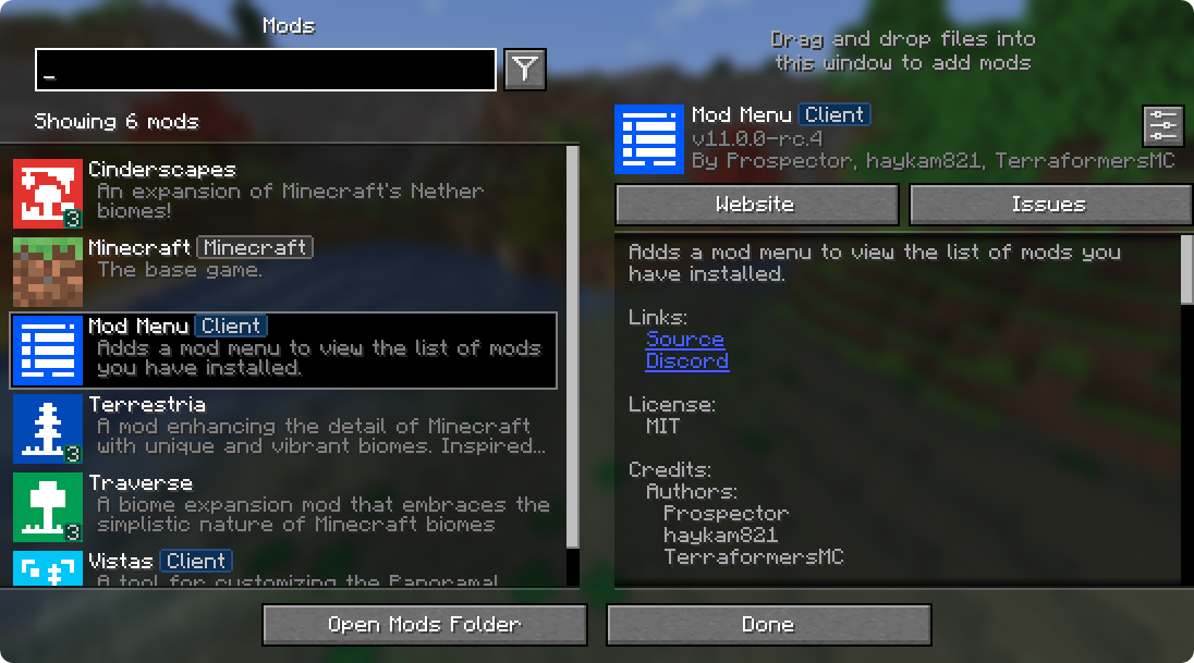 Скриншот экрана модов с выделенным Mod Menu