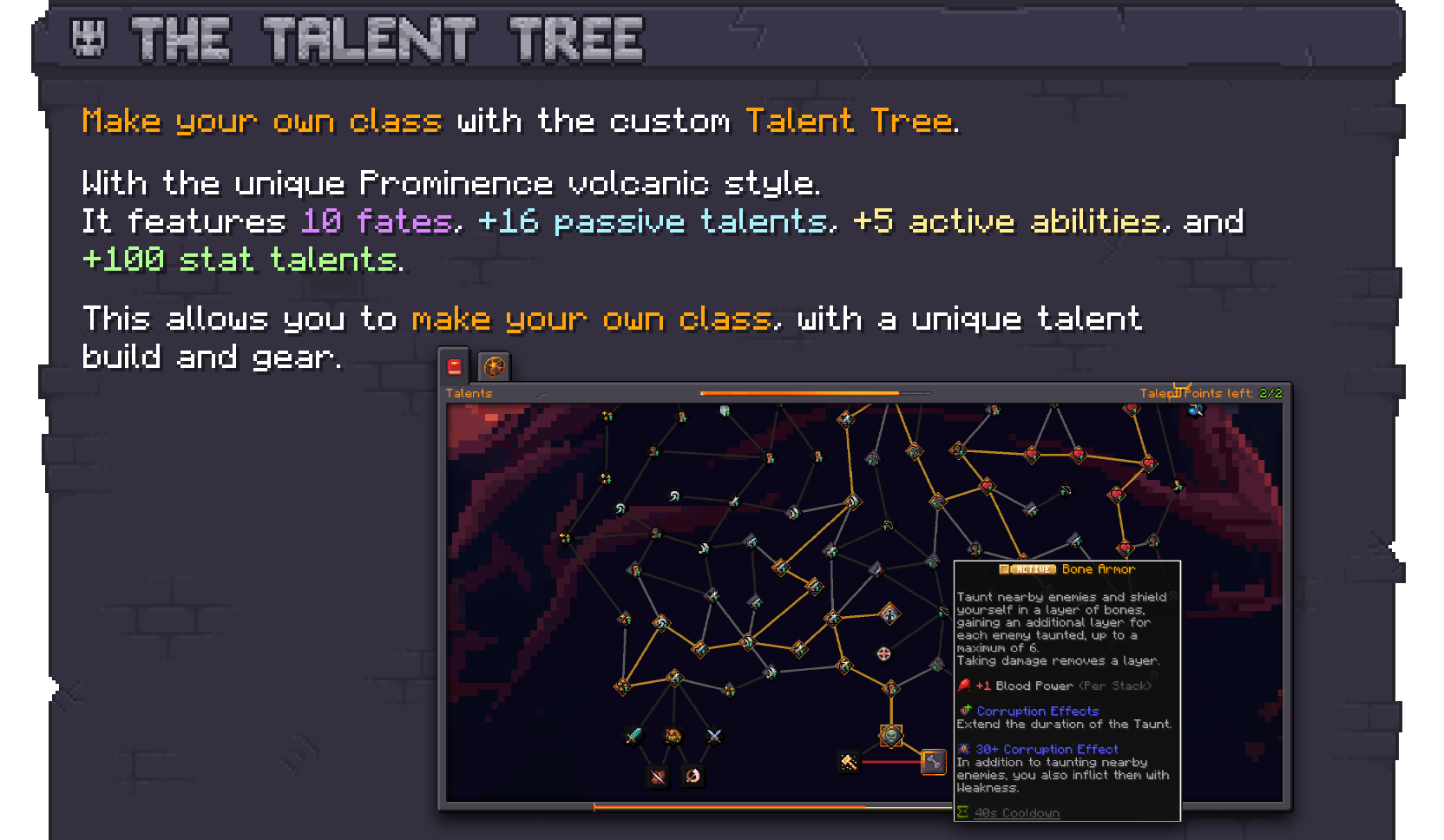 The modpack also features a custom talent tree with 10 fates, +16 passive talents, +5 active abilities and +100 stat talents. This allows you to make your own class with a unique talent build and gear.