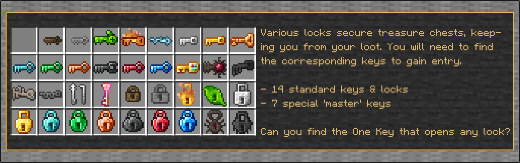 Various locks secure treasure chests, keeping you from your loot. You will need to find the corresponding keys to gain entry.